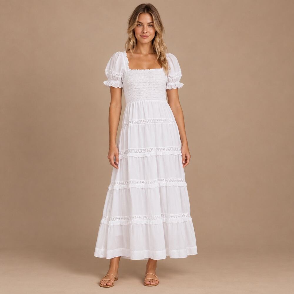 ASTR The Label Orla White Cotton Square Neck Smocked Tiered Lace Dress Small